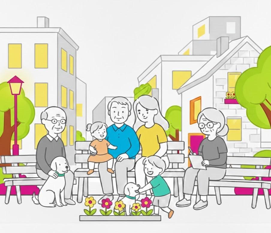 Family sitting on a bench